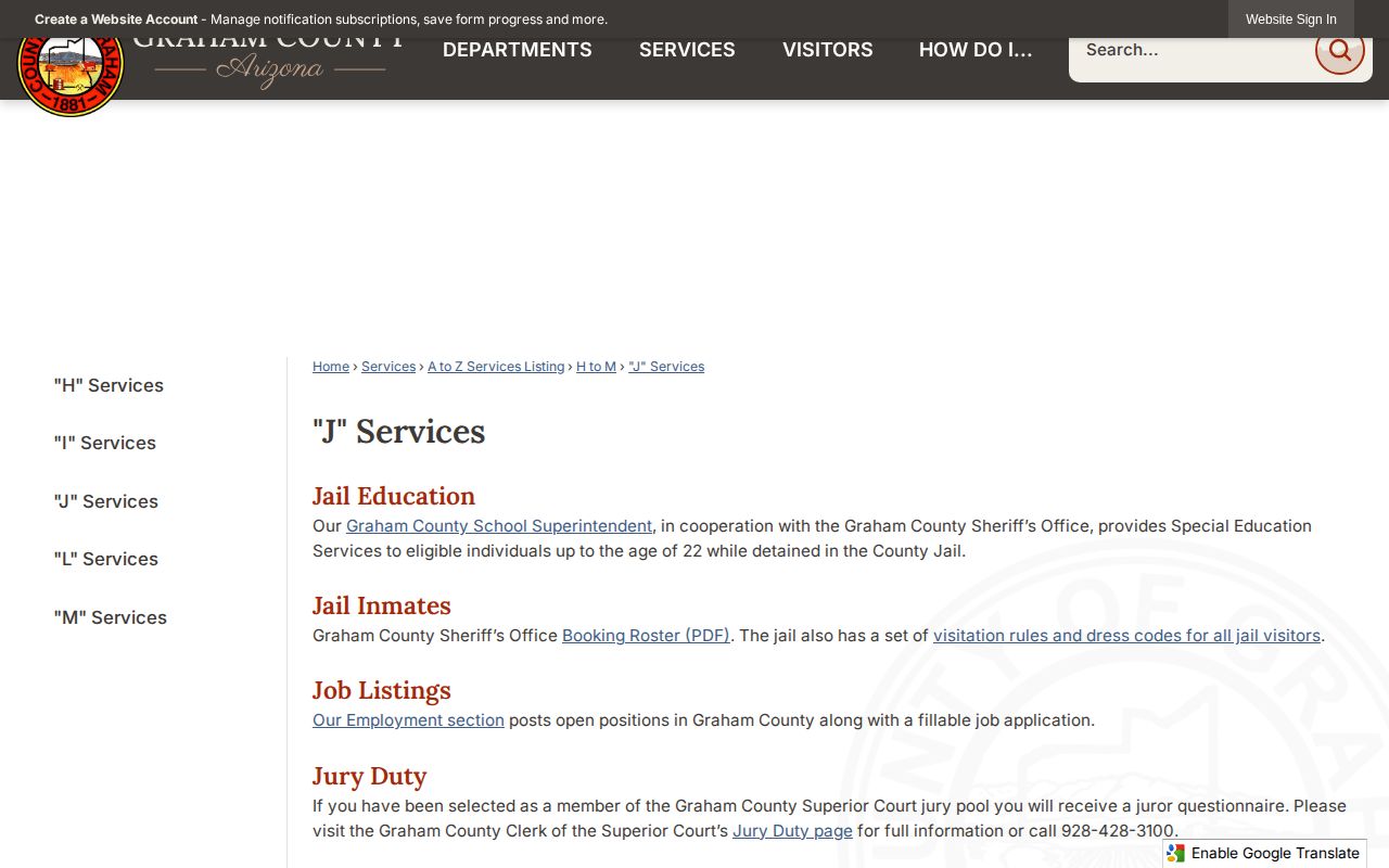 Graham County J Services page linking the Booking Roster PDF