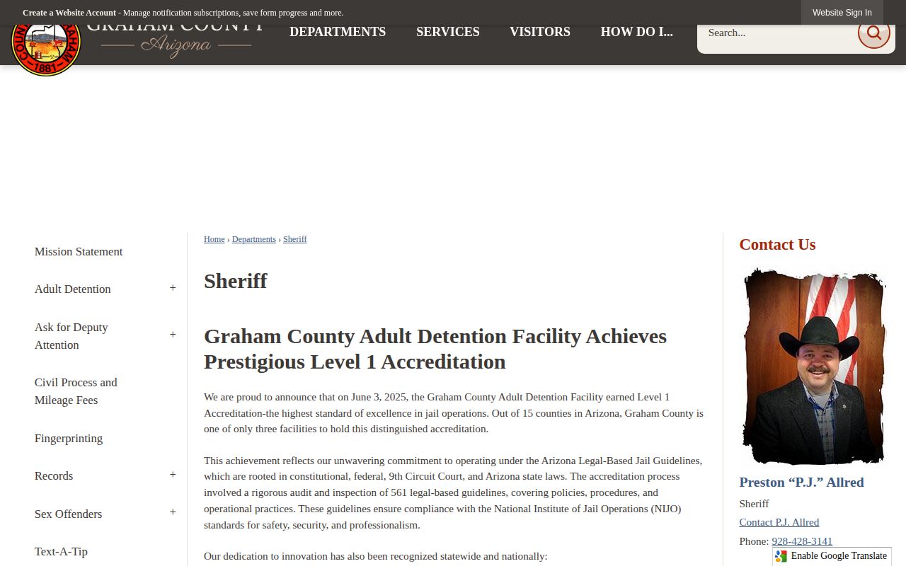 Graham County Sheriff website with official detention links