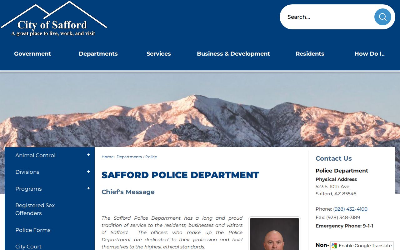 Official Safford Police Department webpage with city police contact information