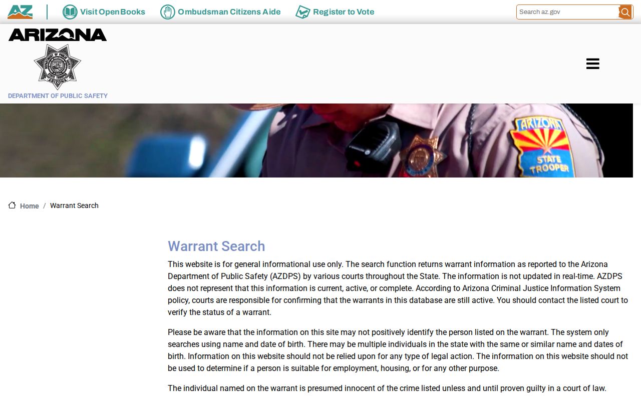 Arizona DPS official warrant search interface without a person result