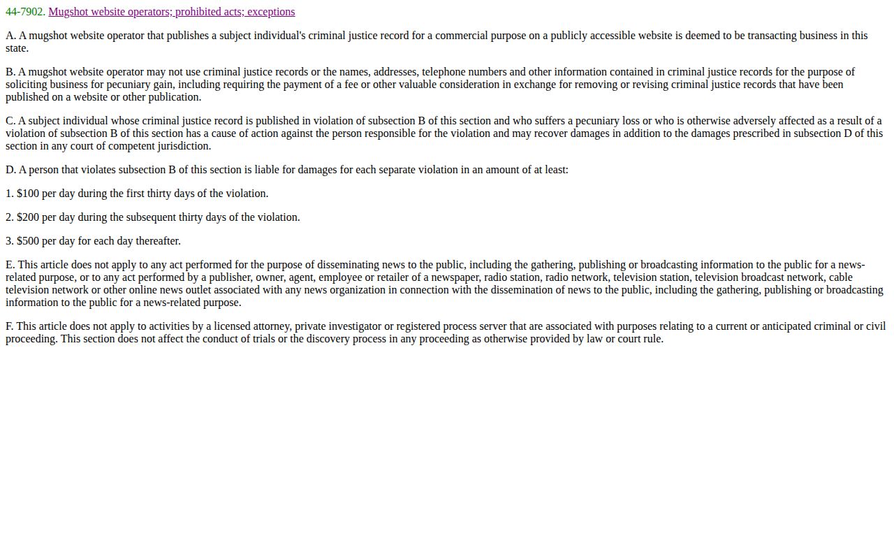 Arizona Legislature page for the commercial mugshot removal statute